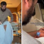 Left image shows the new dad getting into the disposable sani-suit. Right image shows him giving the baby her first bath.