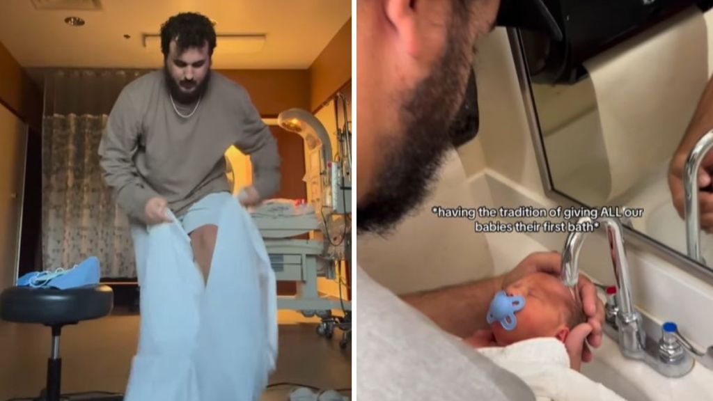 Left image shows the new dad getting into the disposable sani-suit. Right image shows him giving the baby her first bath.