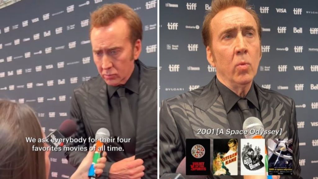 Images show Nicolas Cage during an interview with Letterboxd where he was stating his four favorite movies.