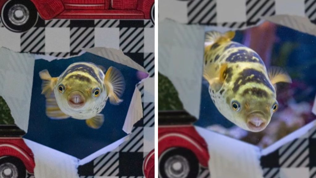 Images show a pufferfish posing for the camera during a cute photoshoot.