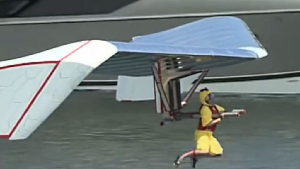 Image shows a DIY aircraft in a Red Bull Flugtag competition that holds the world's record for the longest flight.