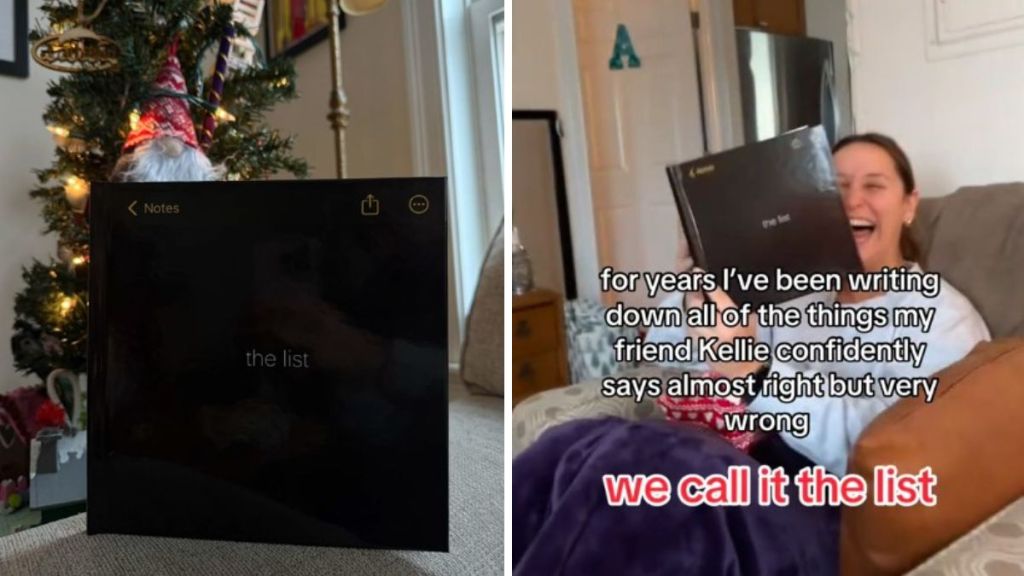 Left image shows the book published with all the things a friend said wrong. Right image shows Kellie, the recipient, laughing at the book.