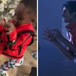 Left image shows 4-year-old Amani wearing a replica Thriller jacket showing off his dance moves. Right image shows Michael Jackson wearing the jacket from the original Thriller video.