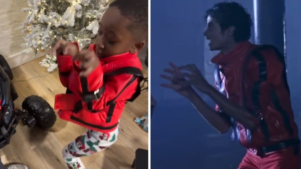 Left image shows 4-year-old Amani wearing a replica Thriller jacket showing off his dance moves. Right image shows Michael Jackson wearing the jacket from the original Thriller video.