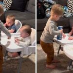 Images show a toddler big brother offering snacks to his younger twin siblings.