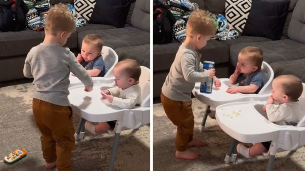 Images show a toddler big brother offering snacks to his younger twin siblings.