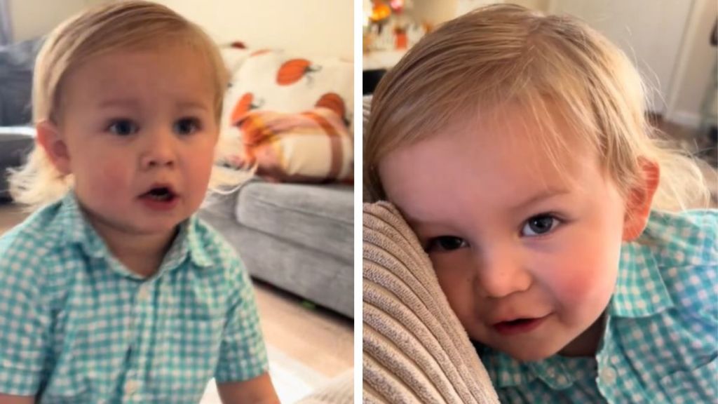 Left image shows a toddler telling his mom he'll be good in church. Right image shows the toddler confessing that he is only bad at home.