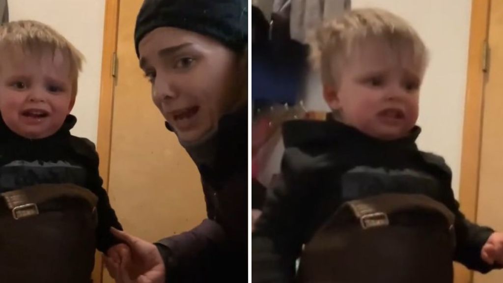 Left image shows an unhappy toddler with his mom after his first snow experience. Right image shows the unhappy toddler.