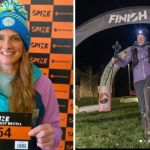 Left image shows Mel Sykes before the Winter Spine 2025. Right image shows her crossing the finish line 132 hours and 268 miles later.