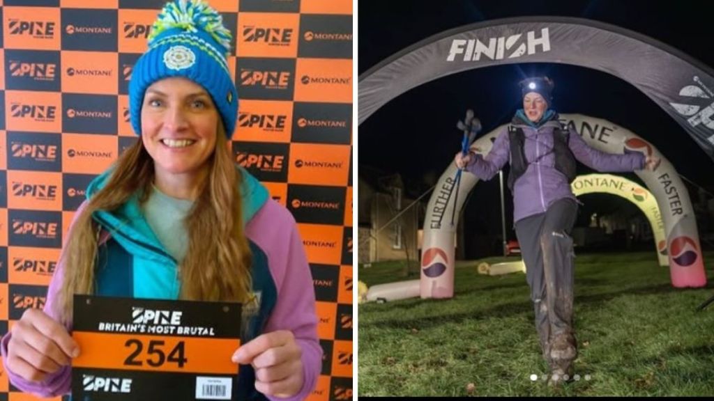 Left image shows Mel Sykes before the Winter Spine 2025. Right image shows her crossing the finish line 132 hours and 268 miles later.