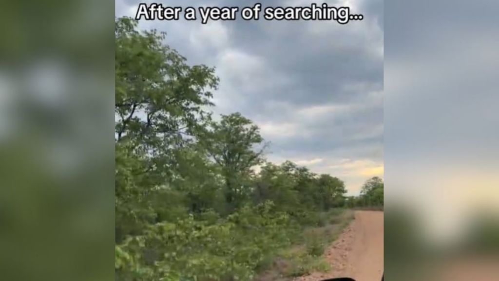 Image shows a dirt road, stretching away, with foliage along the left and the words, "After a year of searching..."