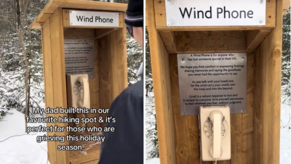 Images show a new wind phone installed along a hiking trail.