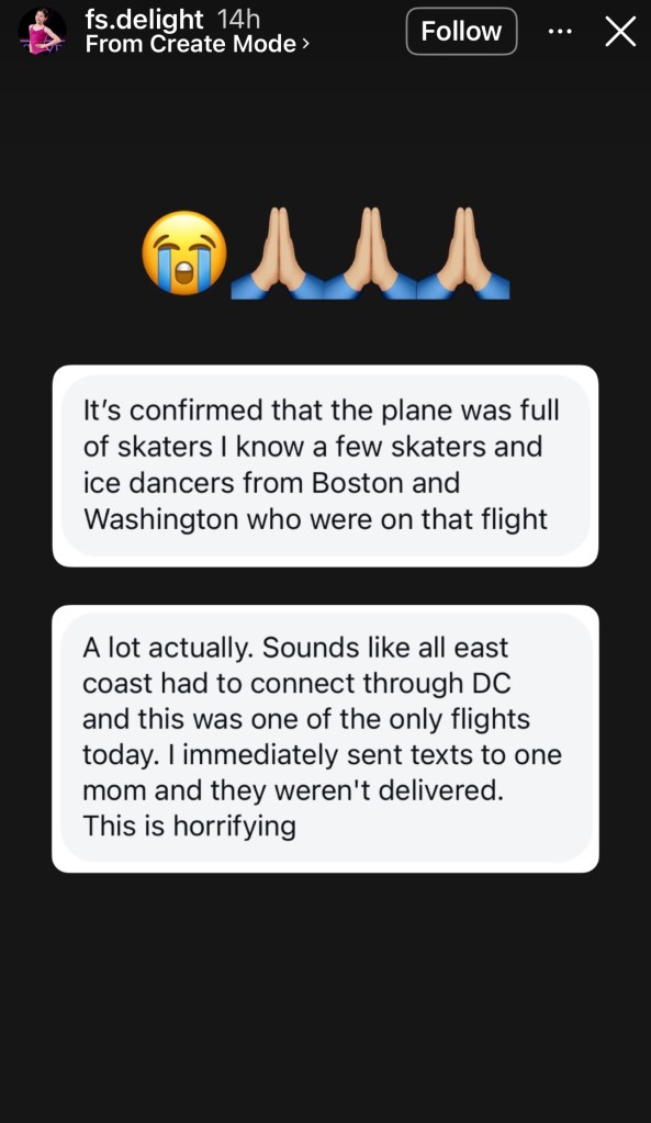 Instagram update from figure skater meant to be on flight that crashed into black hawk helicopter. 