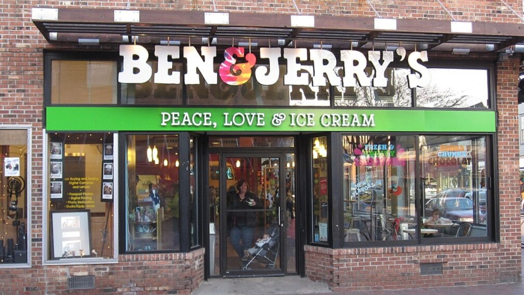 Exterior view of a crowded Ben & Jerry's restaurant.