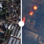 Before and after of a neighborhood in Los Angeles. One is before the wildfires and the other is after, showcasing the damage