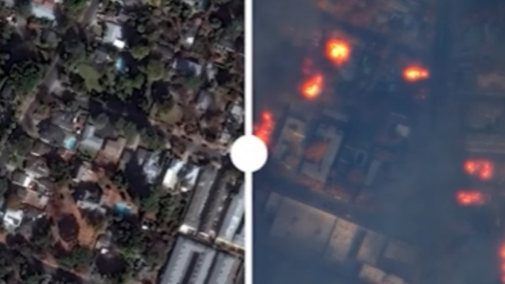 Before and after of a neighborhood in Los Angeles. One is before the wildfires and the other is after, showcasing the damage