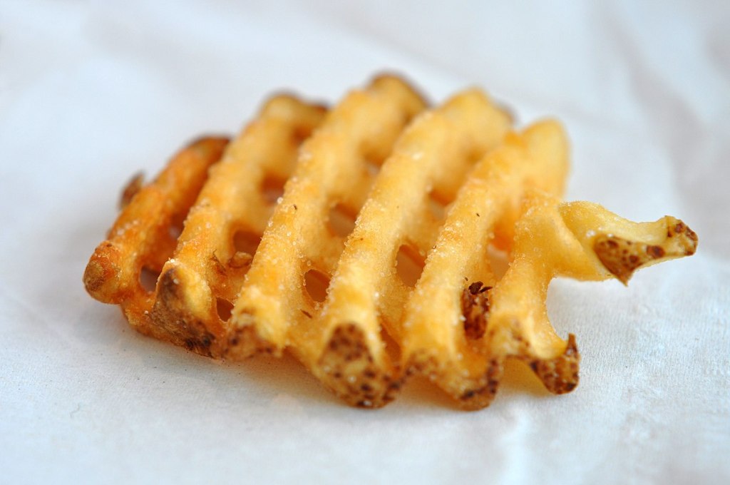 Close up of a single Chick-fil-a waffle fry. The tiny grains of salt can be seen