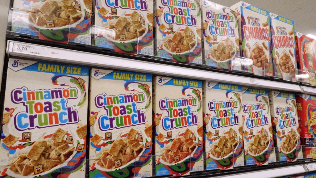 View of two rows of Cinnamon Toast Crunch boxes at a grocery store