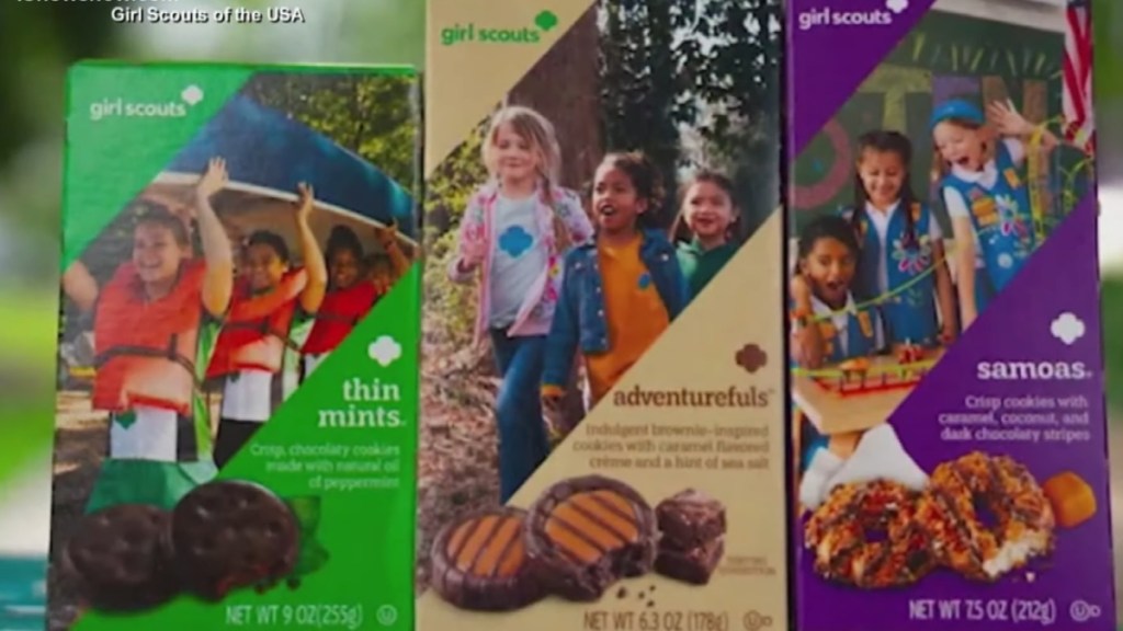 Close up of three boxes of Girl Scout cookies: Thin Mints, adventurefuls, and samoas