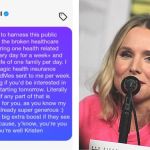 A screenshot of a DM conversation next to a photo of Kristen Bell speaking into a microphone.