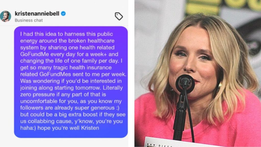 A screenshot of a DM conversation next to a photo of Kristen Bell speaking into a microphone.