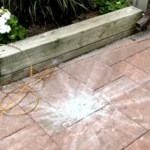 Sidewalk leading up to a home. A flowerbed is off to the side. On the sidewalk is an explosive pattern of white powder. This is the aftermath of a meteorite landing here