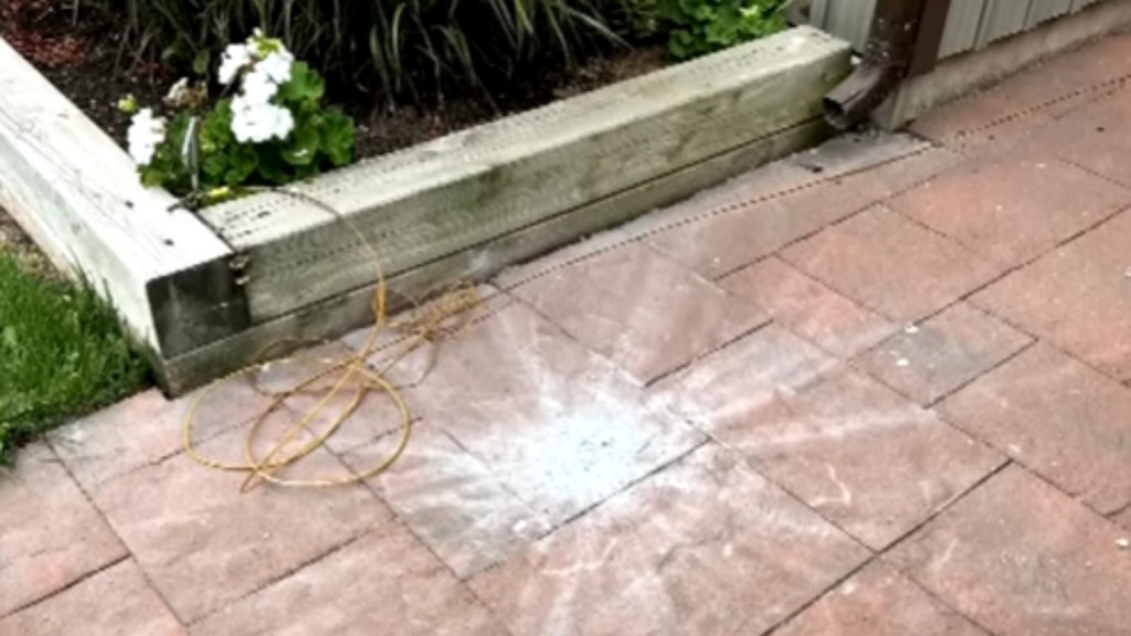 Sidewalk leading up to a home. A flowerbed is off to the side. On the sidewalk is an explosive pattern of white powder. This is the aftermath of a meteorite landing here