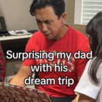 a dad looking down at a gift in awe with the caption "surprising my dad with his dream trip"