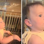 Images show a baby watching a Hibachi chef for the first time.