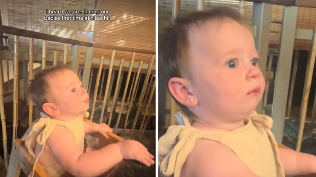 Images show a baby watching a Hibachi chef for the first time.