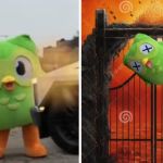 Left image shows the Duolingo owl being hit by a Cybertruck. Right image shows the owl after death.