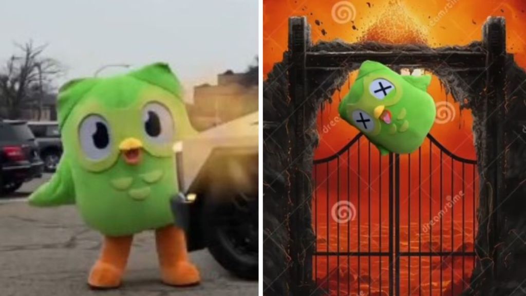 Left image shows the Duolingo owl being hit by a Cybertruck. Right image shows the owl after death.