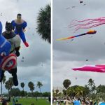 Left image shows giant super hero kites at a Miami kite festival. Right image shows A giant pink whale, giant pink squid, and more kites.