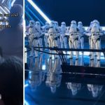 Left image shows a small girl confronting an Empire soldier. Right image shows a platoon of Stormtroopers at Star Wars: Rise of the Resistance at Disney World.