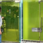 Left image shows a woman entering a transparent toilet in Japan. Right image shows how the glass becomes opaque when the lock is engaged.