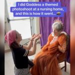 A young woman helping an elderly woman get ready for a Goddess Photoshoot.