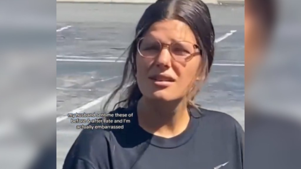 Close up of a woman looking distraught and confused as she looks at the person capturing this moment on camera. Text on the image reads: "My Husband Sent Me These Of Before & After I Ate And I'm Actually Embarrassed"