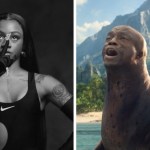 A two-photo collage from Super Bowl commercials. The first shows Sha'Carri Richardson pointing up as she looks up. The second image shows the singer Seal edited onto the face of an actual seal. He looks up, mouth open wide