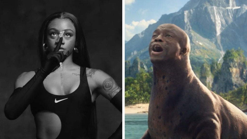 A two-photo collage from Super Bowl commercials. The first shows Sha'Carri Richardson pointing up as she looks up. The second image shows the singer Seal edited onto the face of an actual seal. He looks up, mouth open wide