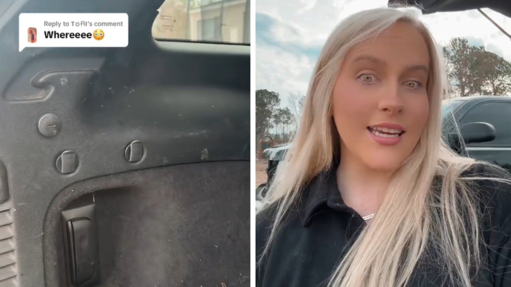 A two-photo collage. The first shows the inside of a Jeep Cherokee's trunk, the area with a hidden car flashlight. A comment is shown on the image, reading, "Whereeee" The second image shows a woman standing outside her vehicle as she talks to the camera