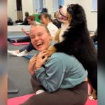 A woman sitting on the ground and laughing while a puppy puts his front paws on her shoulders.