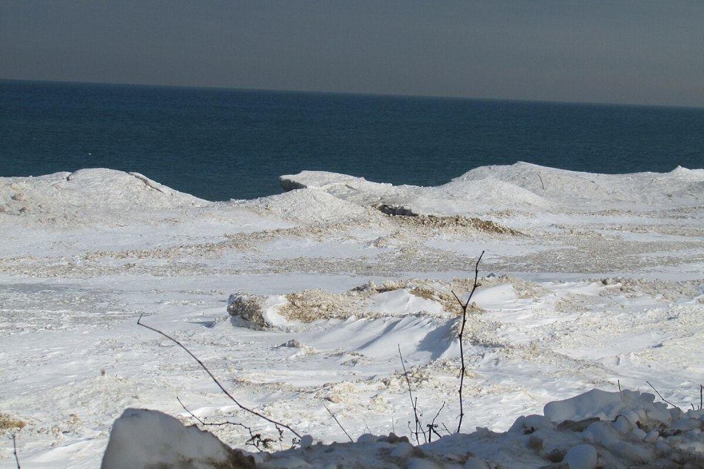 View from a distance of shelf ice that has formed on Lake Michigan