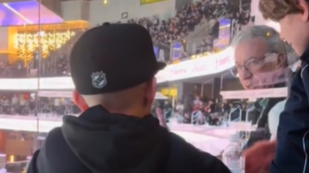 View from behind of a two kids in their seats at a hockey game. On the other side of a glass barrier, in their own seat, is Tim Allen. He's looking over at the two kids, blank expression on his face