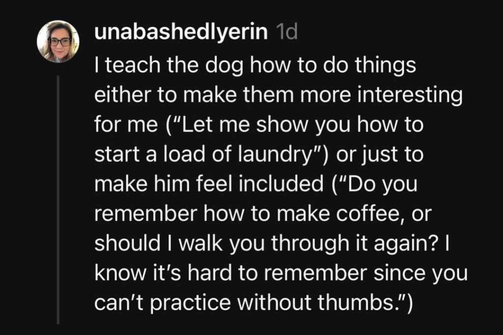 Comment on a social media post by user unabashedlyerin that reads: I teach the dog how to do things either to make them more interesting for me ("Let me show you how to start a load of laundry") or just to make him feel included ("Do you remember how to make coffee, or should I walk you though it again? I know it's hard to remember since you can't practice without thumbs.")