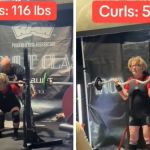 Images show 80-year-old powerlifter Linda Leightley competing in squats and curls.