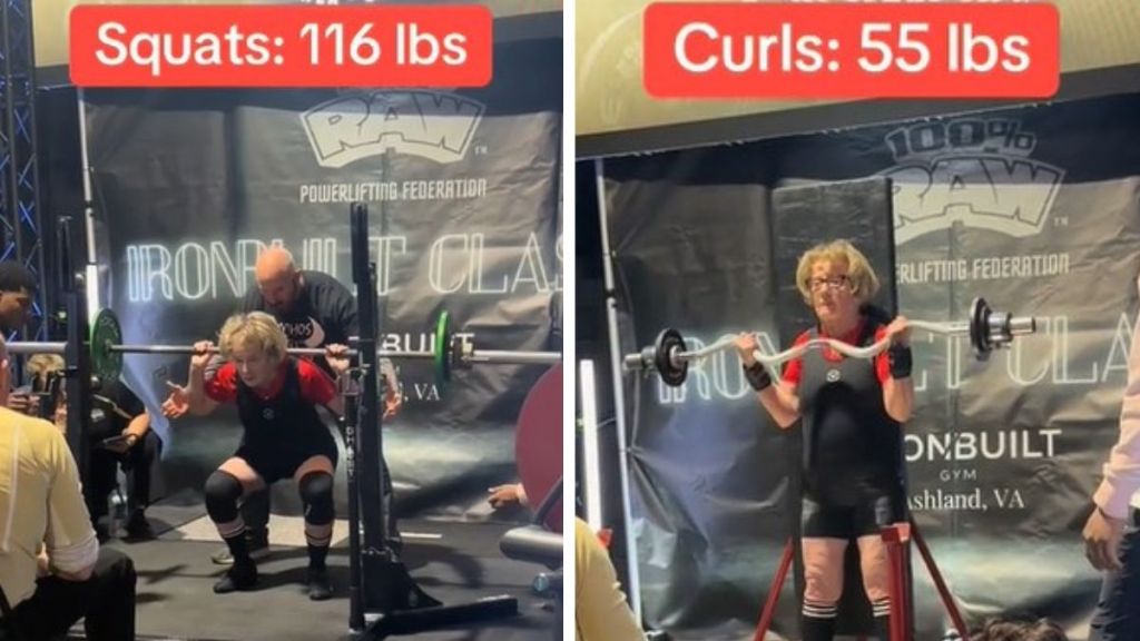 Images show 80-year-old powerlifter Linda Leightley competing in squats and curls.