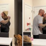 Image shows a golden retriever husband getting a hug and kiss as his wife leaves for a shopping trip.