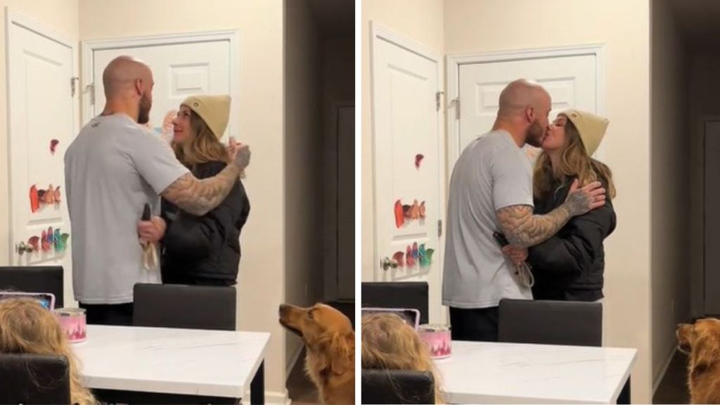 Image shows a golden retriever husband getting a hug and kiss as his wife leaves for a shopping trip.