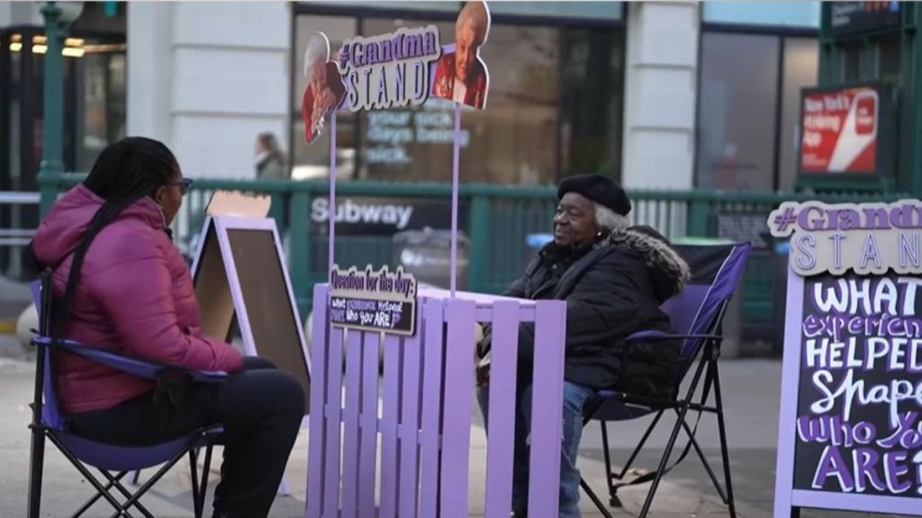 The Grandma Stand in New York, manned by Grandma Flo, offers New Yorkers a chance to talk to a grandma, get advice, or just share stories.