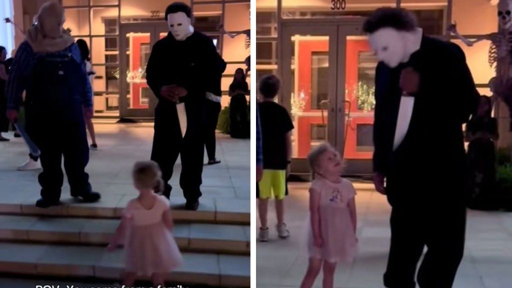 Left image shows a little girl approaching two adults in Halloween costumes. Right image shows the girl staring adoringly up at Michael Myers.